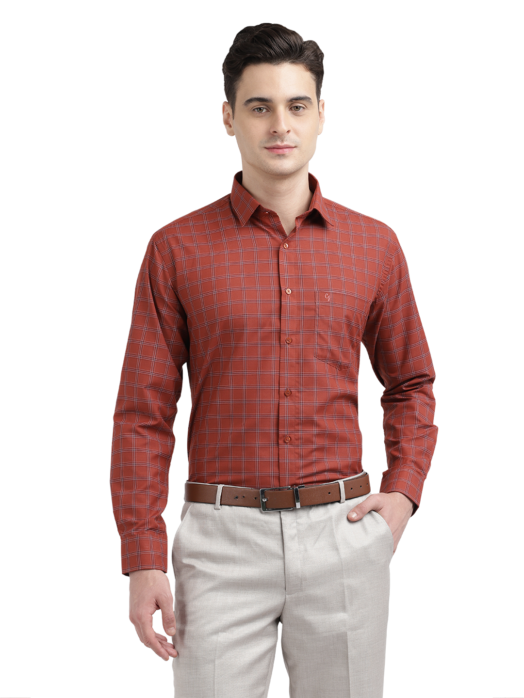 Model wearing Clarke Gable's Reddish Brown With White Checked Formal Shirt in a casual setting