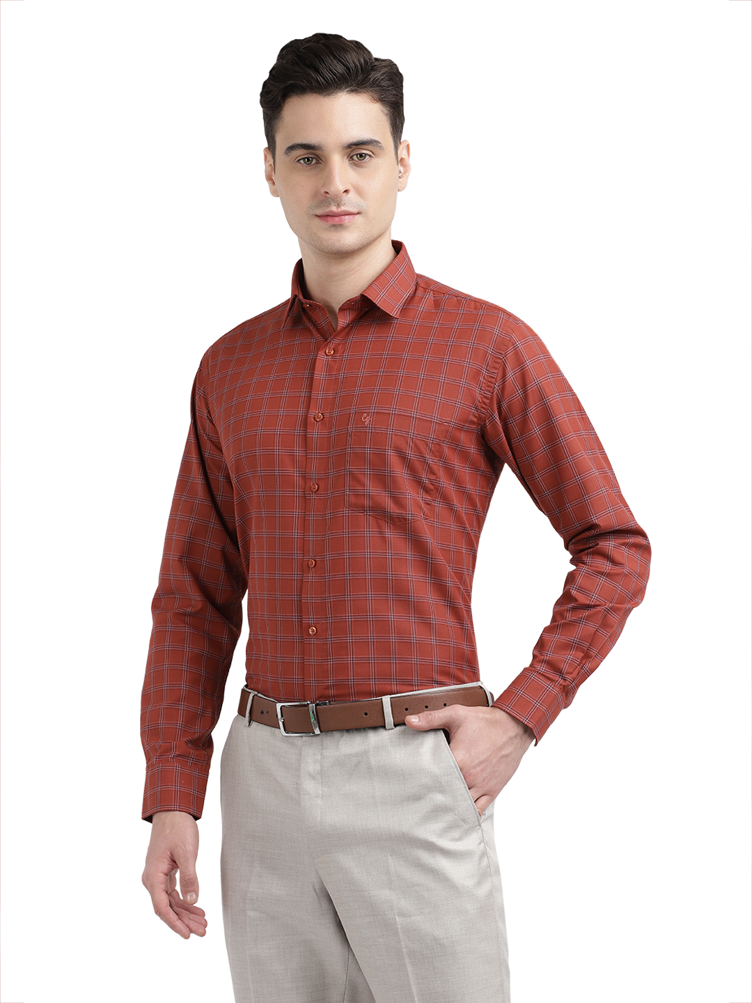 Model wearing Clarke Gable's Reddish Brown With White Checked Formal Shirt in a casual setting