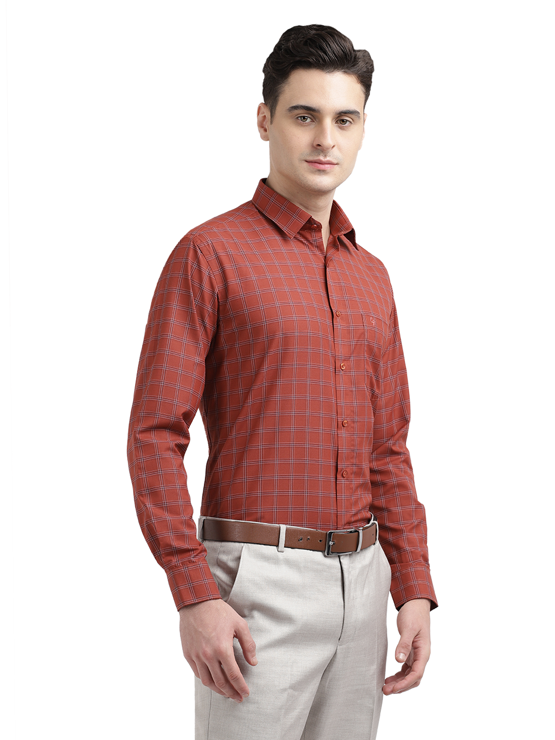 Model wearing Clarke Gable's Reddish Brown With White Checked Formal Shirt in a casual setting