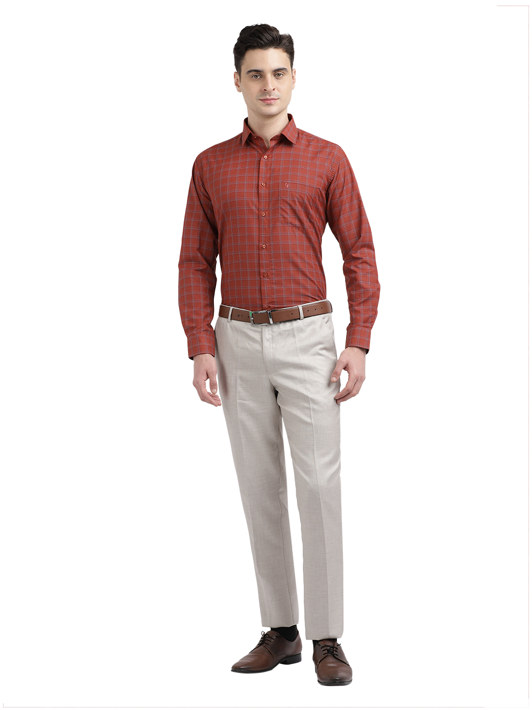 Model wearing Clarke Gable's Reddish Brown With White Checked Formal Shirt in a casual setting