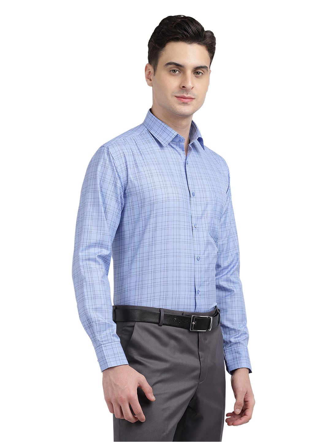 Model wearing Clarke Gable's Sea Blue Checked Formal Shirt in a casual setting