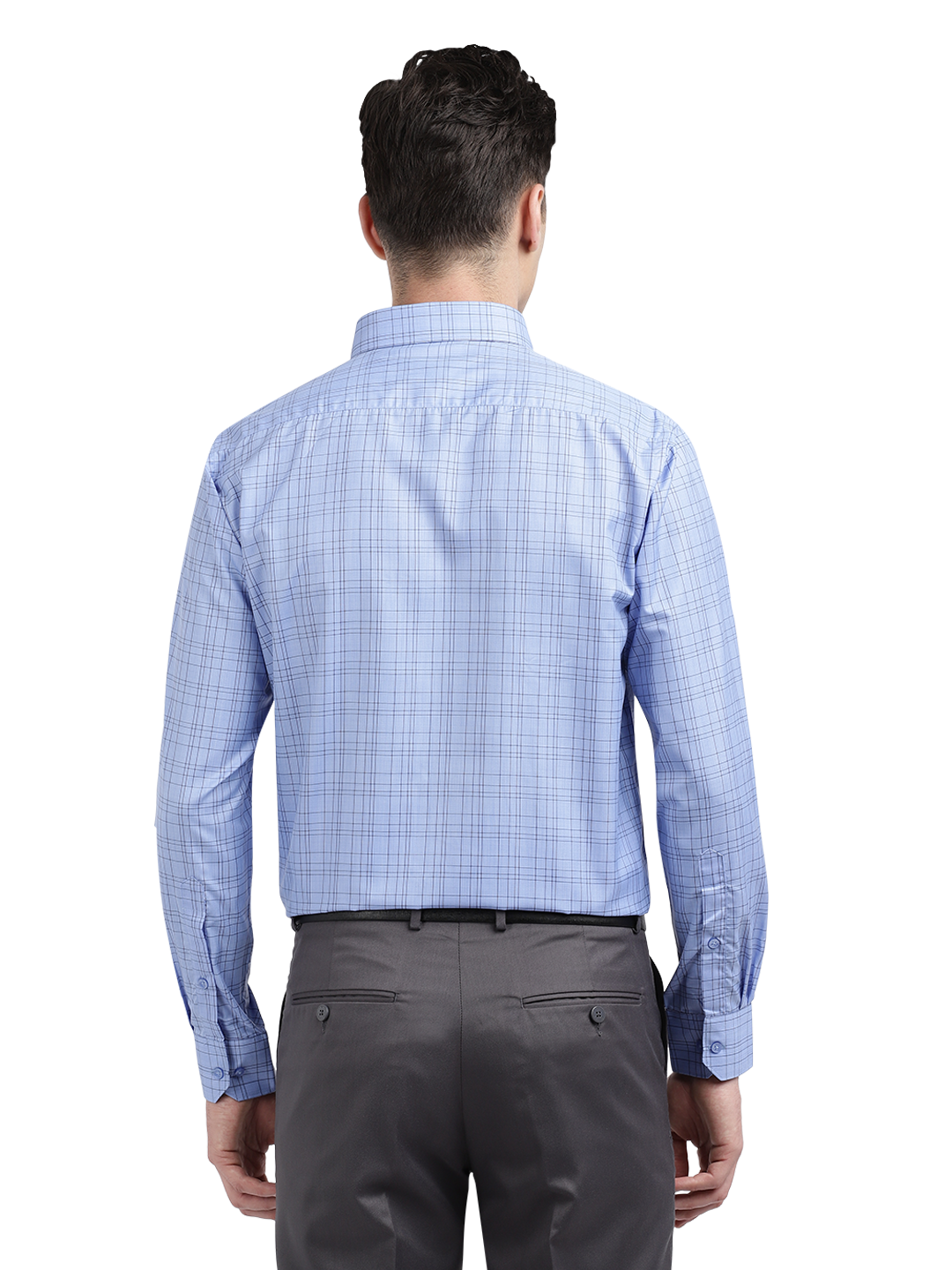 Model wearing Clarke Gable's Sea Blue Checked Formal Shirt in a casual setting