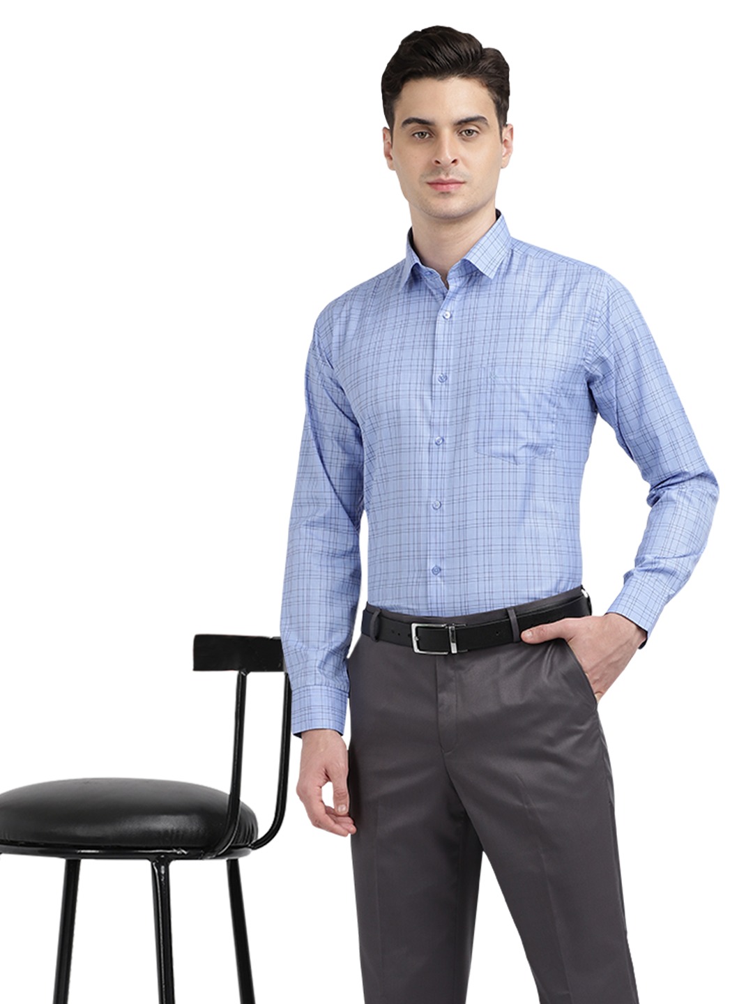 Model wearing Clarke Gable's Sea Blue Checked Formal Shirt in a casual setting