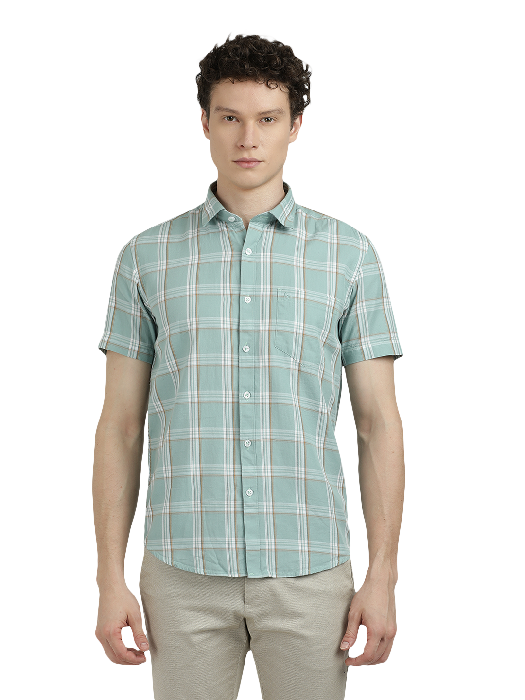 Model wearing Clarke Gable's Sea Blue With White Checked Semi Casual Shirt in a casual setting