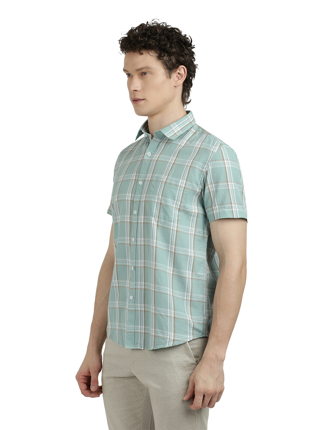 Model wearing Clarke Gable's Sea Blue With White Checked Semi Casual Shirt in a casual setting