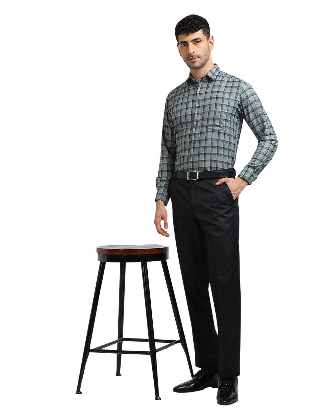 Model wearing Clarke Gable's Sea Green With Maroon Checked Formal Shirt in a casual setting