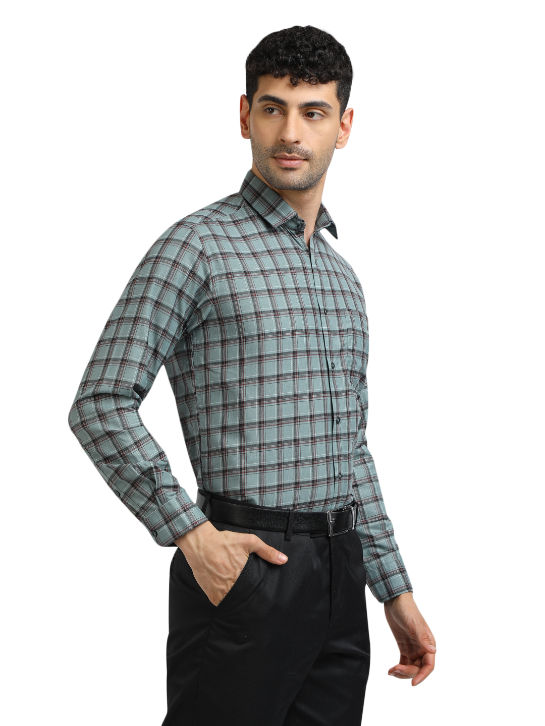 Model wearing Clarke Gable's Sea Green With Maroon Checked Formal Shirt in a casual setting