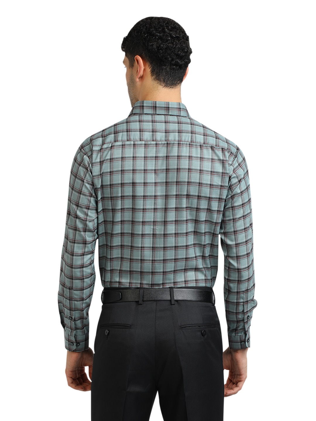 Model wearing Clarke Gable's Sea Green With Maroon Checked Formal Shirt in a casual setting