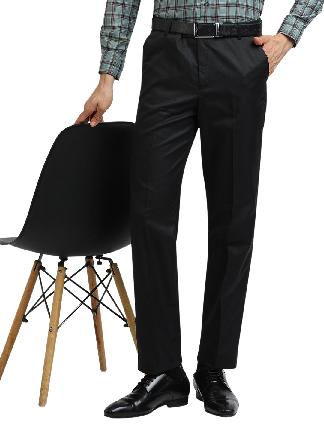 Model wearing Clarke Gable's Sea Green With Maroon Checked Formal Shirt in a casual setting