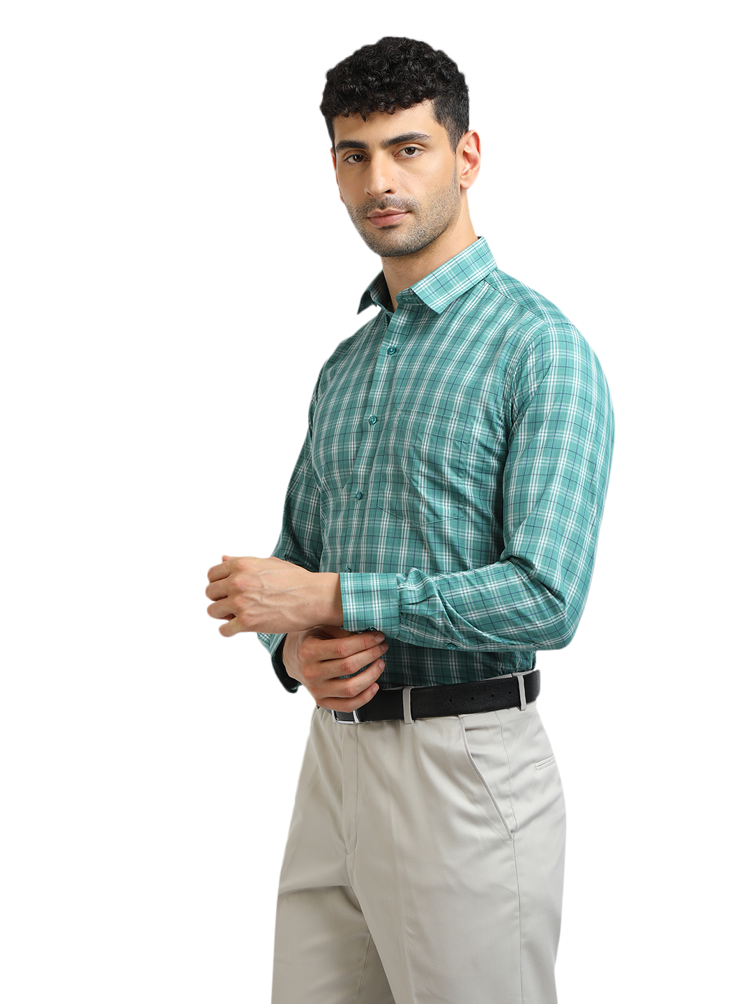 Model wearing Clarke Gable's Sea Green With White Checked Formal Shirt in a casual setting