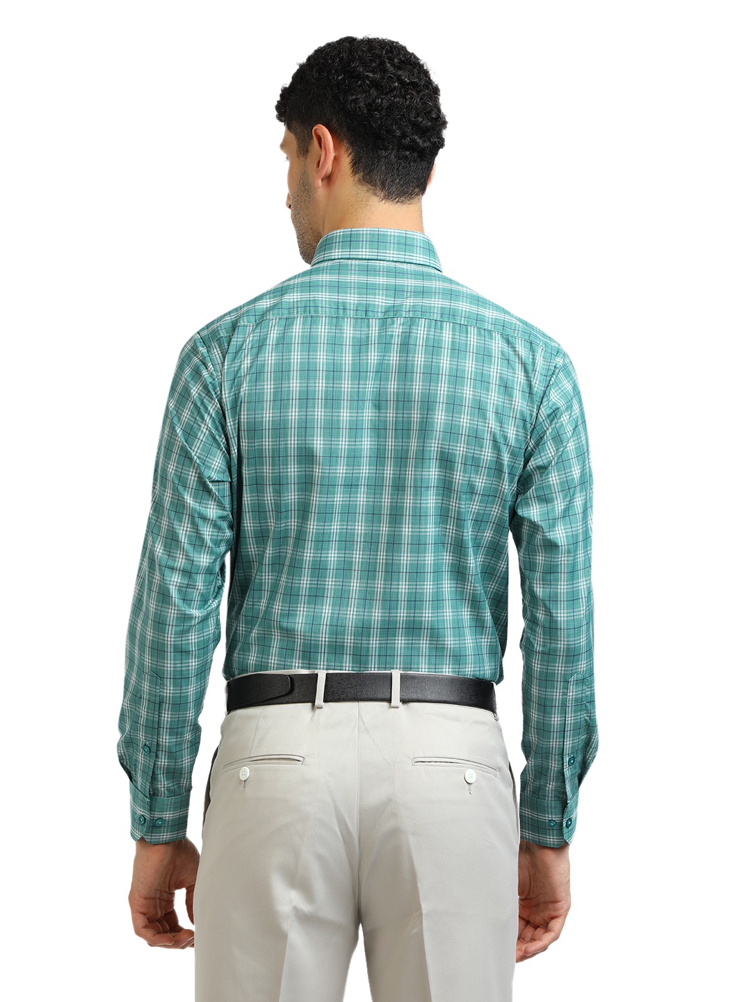 Model wearing Clarke Gable's Sea Green With White Checked Formal Shirt in a casual setting