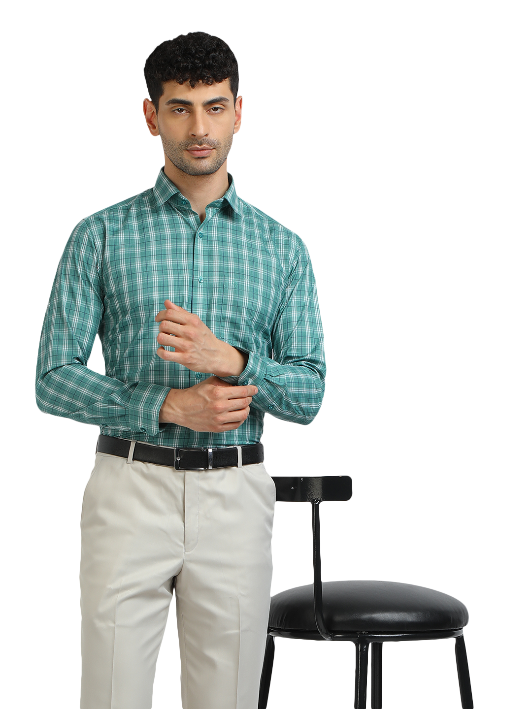 Model wearing Clarke Gable's Sea Green With White Checked Formal Shirt in a casual setting