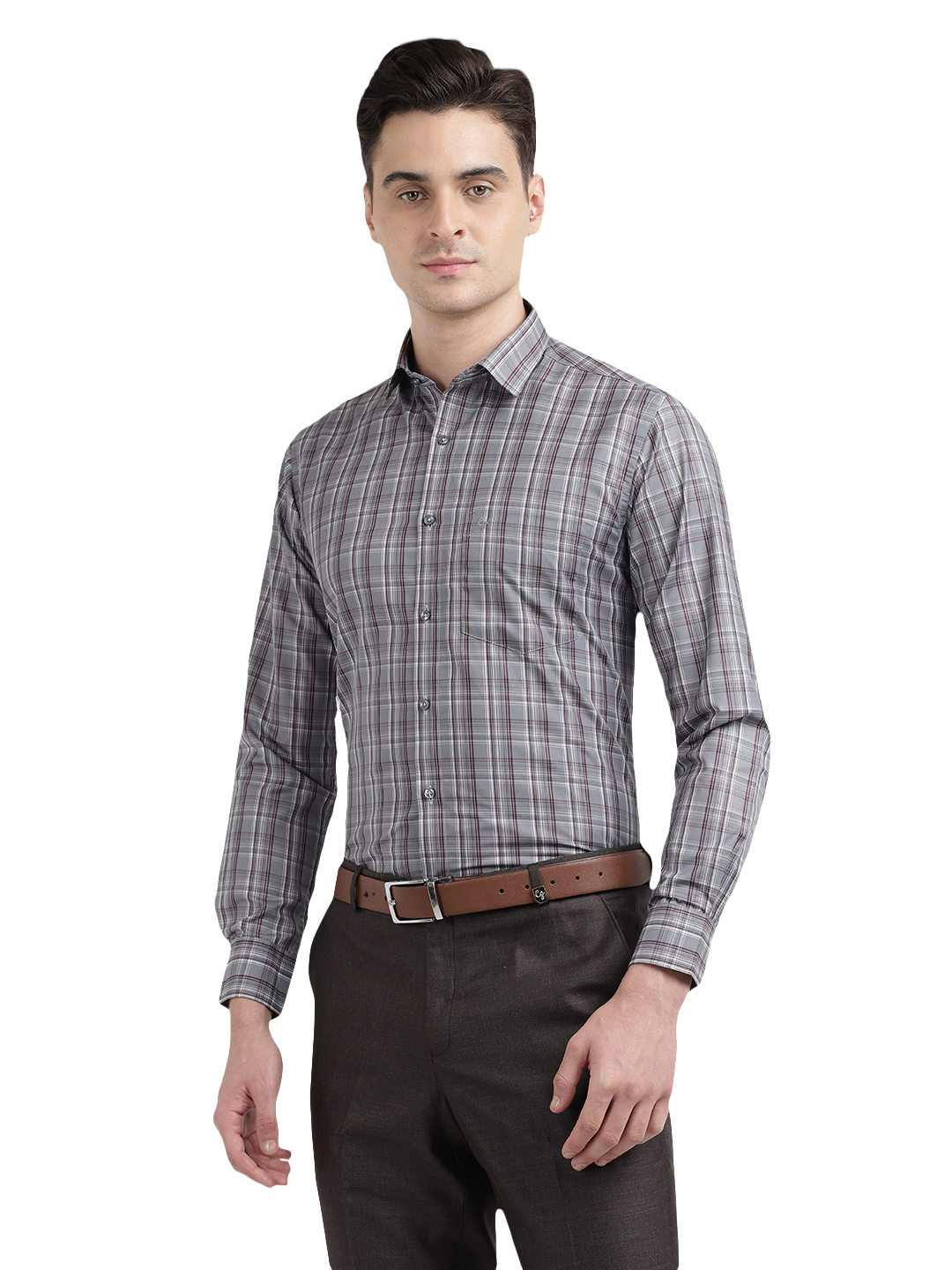Model wearing Clarke Gable's Silver Grey Checked Formal Shirt in a casual setting