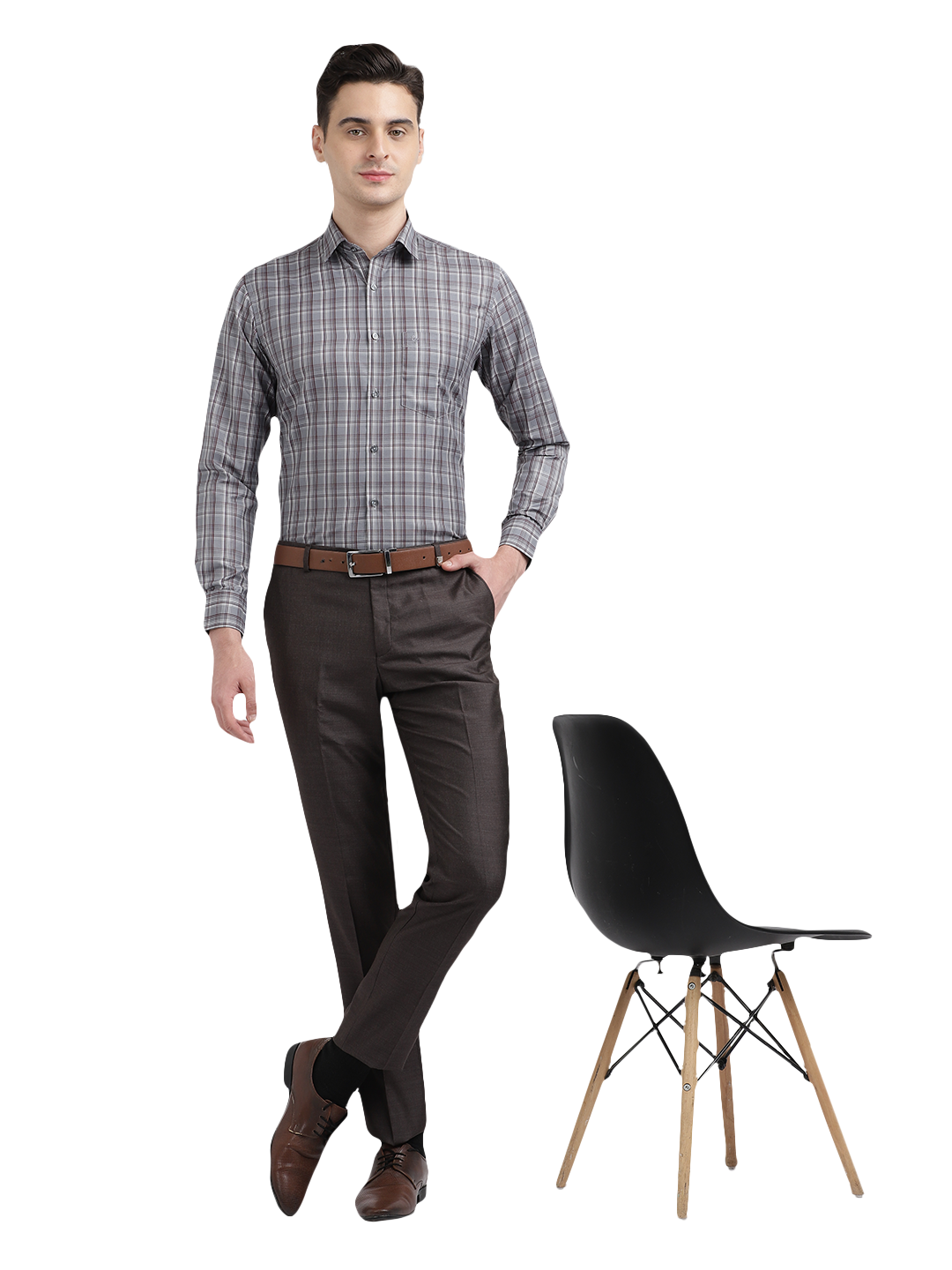 Model wearing Clarke Gable's Silver Grey Checked Formal Shirt in a casual setting