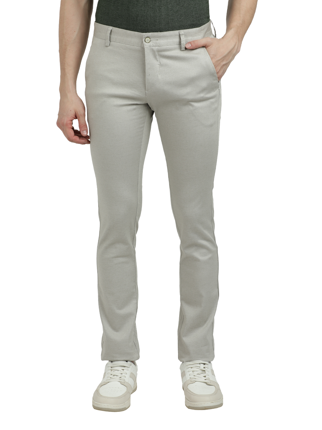 Model wearing Clarke Gable's Silver Trim Fit Trousers in a casual setting