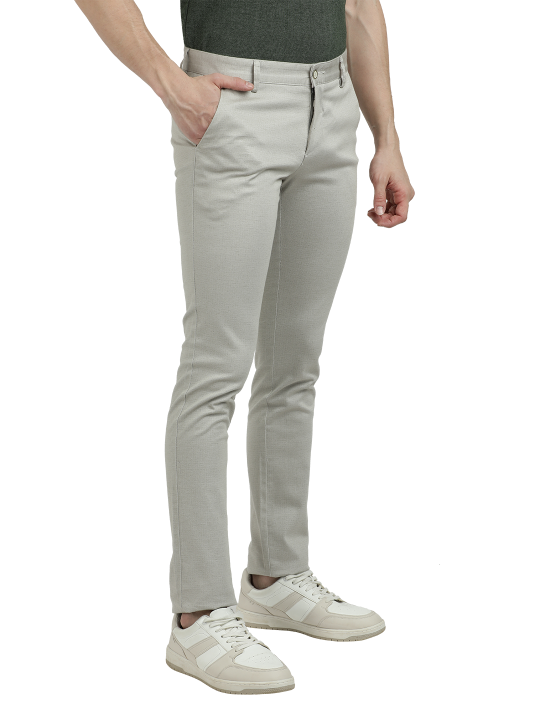 Model wearing Clarke Gable's Silver Trim Fit Trousers in a casual setting