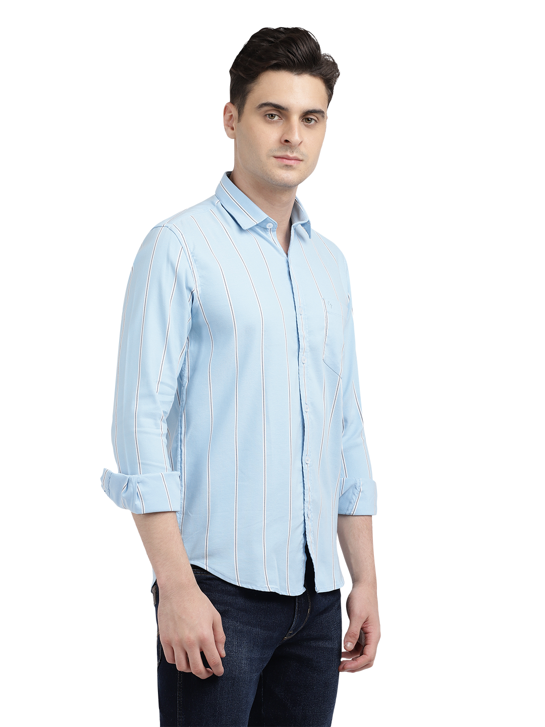 Model wearing Clarke Gable's Sky Blue Striped Casual Shirt in a casual setting
