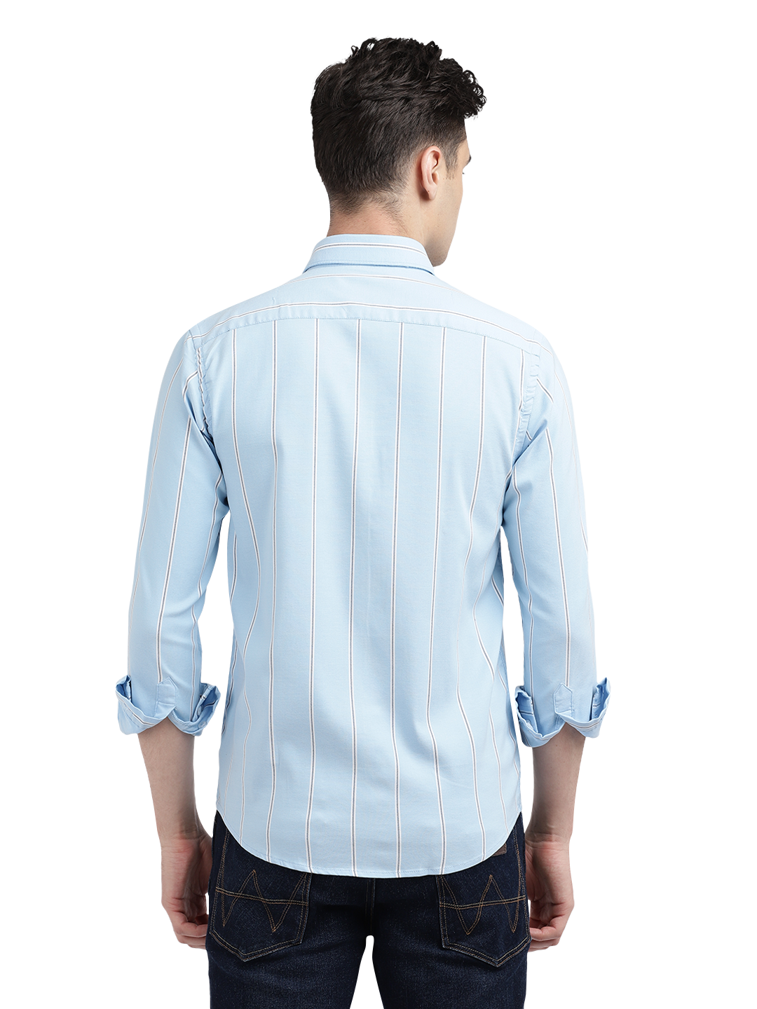 Model wearing Clarke Gable's Sky Blue Striped Casual Shirt in a casual setting