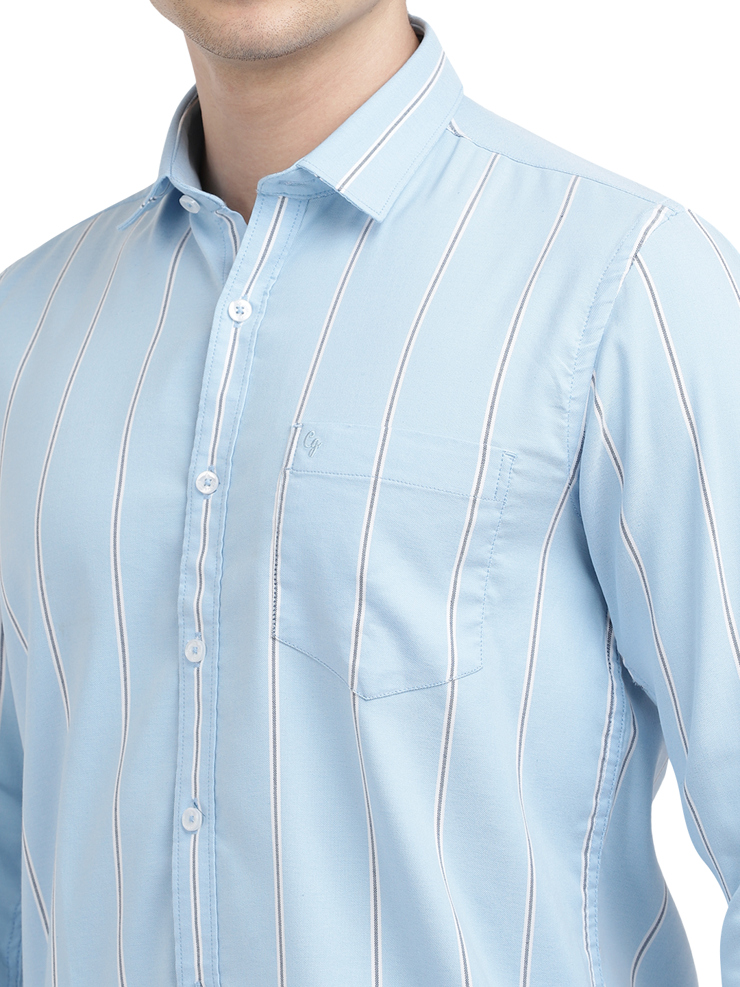 Model wearing Clarke Gable's Sky Blue Striped Casual Shirt in a casual setting