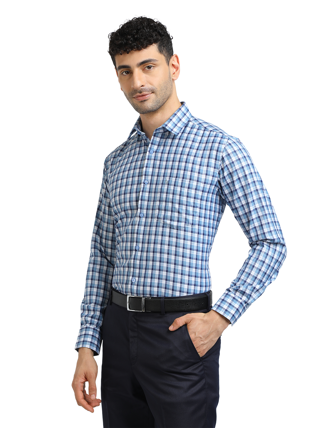 Model wearing Clarke Gable's Sky Blue With White Checked Formal Shirt in a casual setting