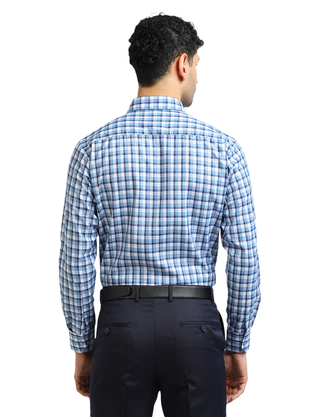 Model wearing Clarke Gable's Sky Blue With White Checked Formal Shirt in a casual setting