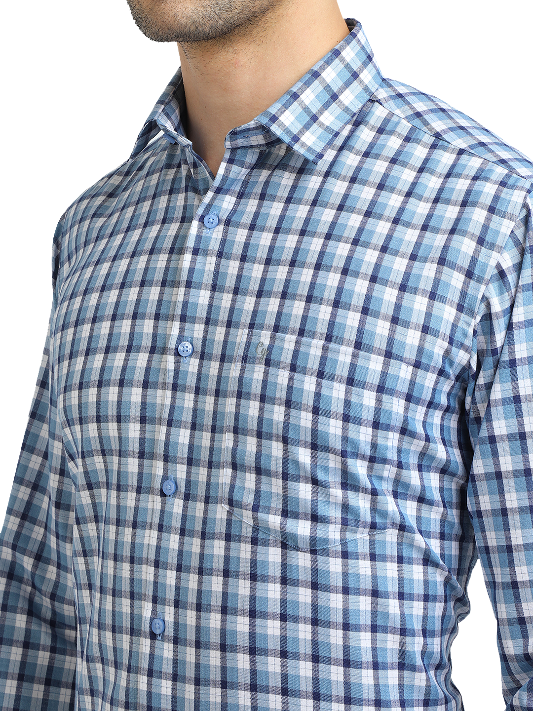 Model wearing Clarke Gable's Sky Blue With White Checked Formal Shirt in a casual setting
