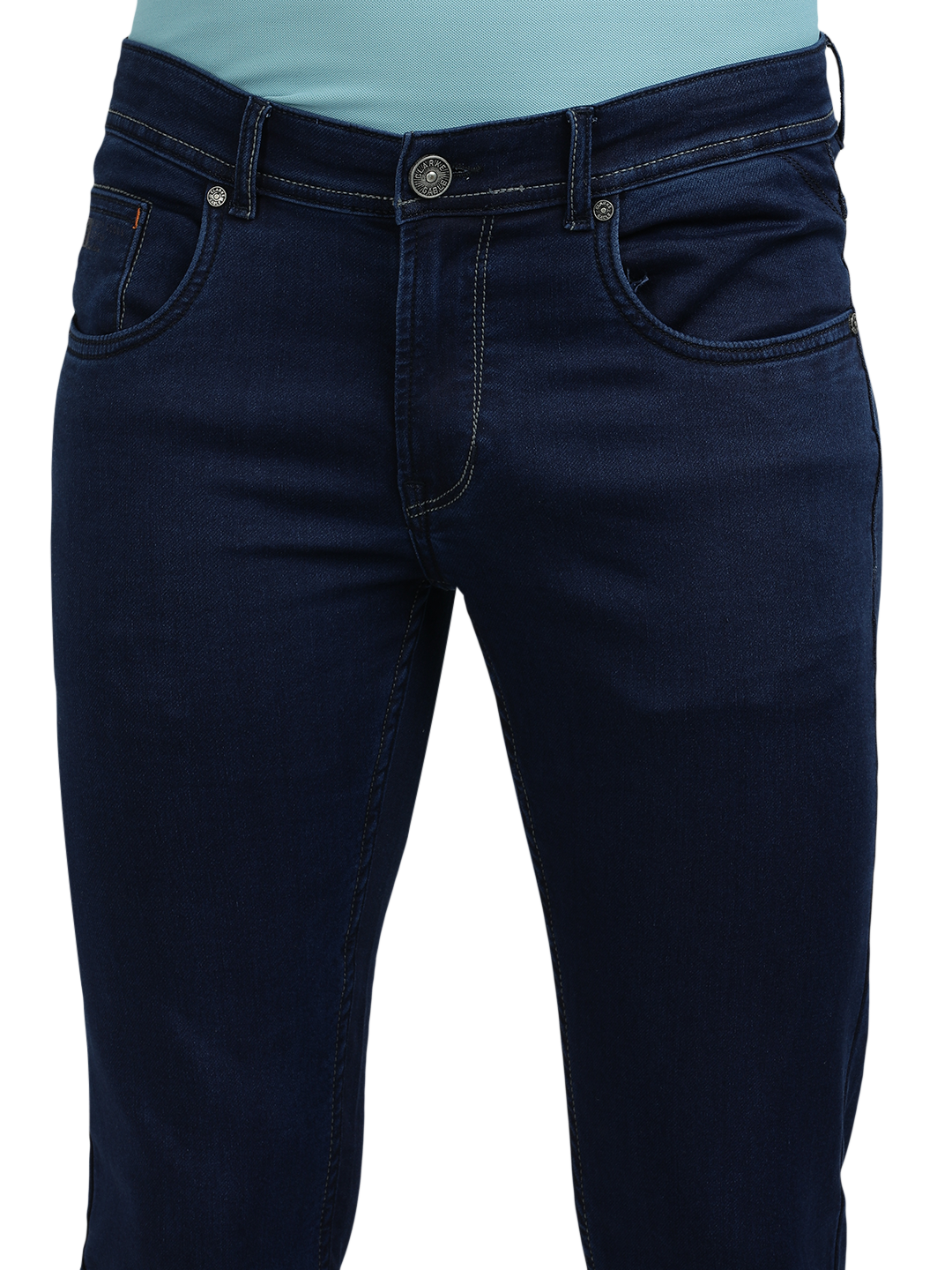 Model wearing Clarke Gable's Solid Dark Blue Skinny Fit Jeans in a casual setting