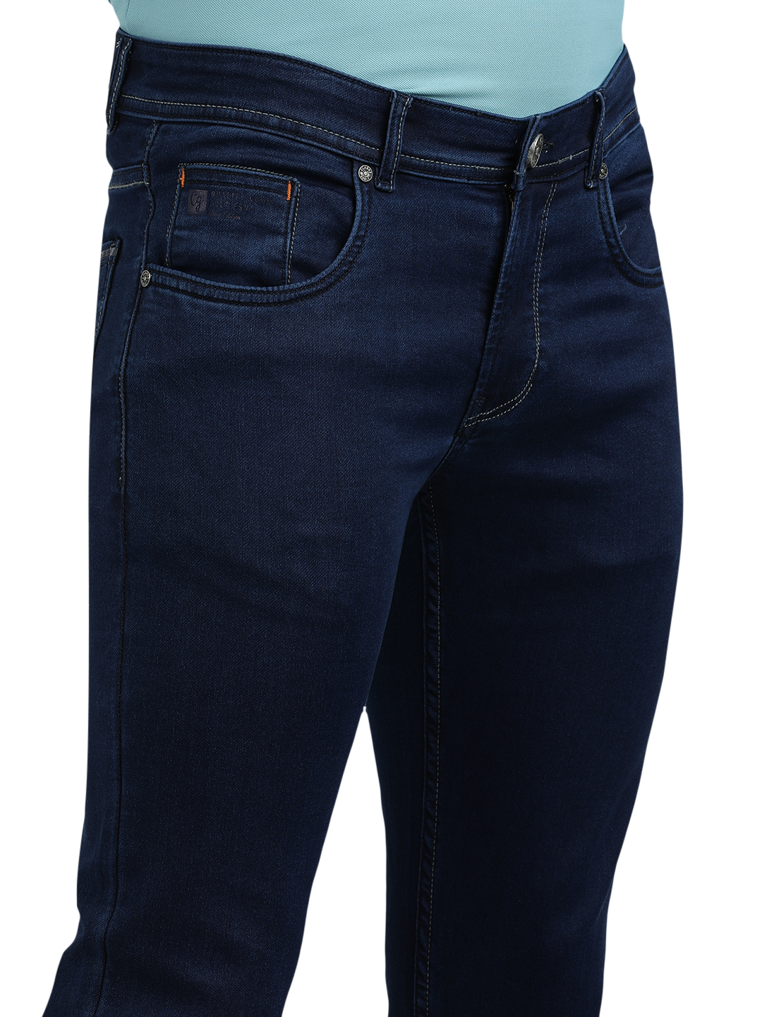 Model wearing Clarke Gable's Solid Dark Blue Skinny Fit Jeans in a casual setting