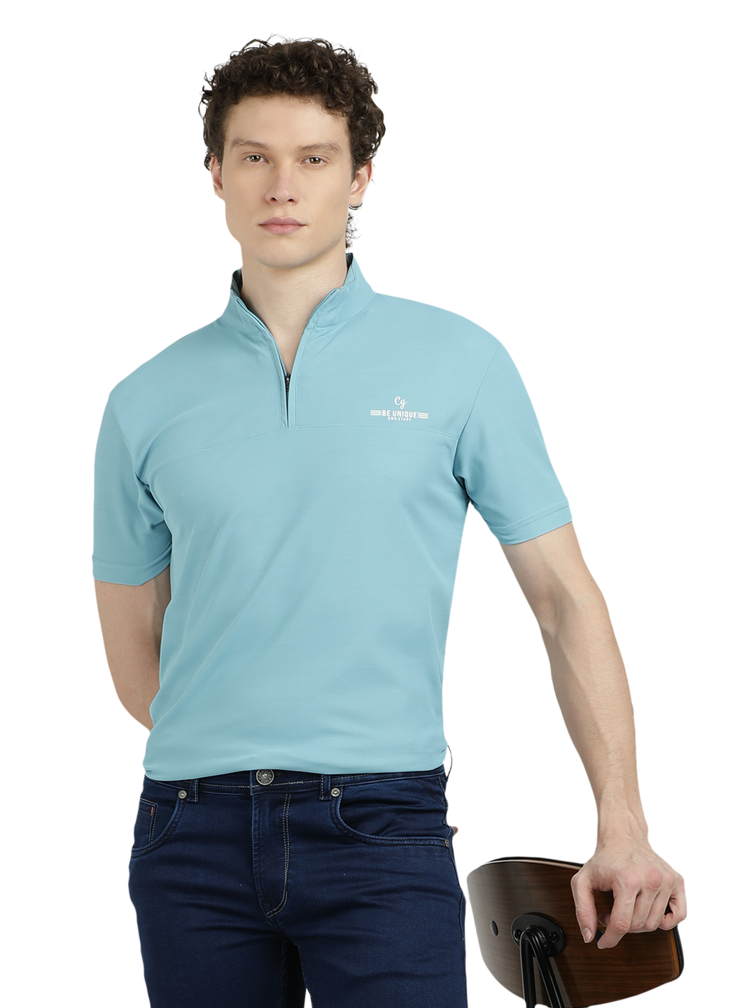 Model wearing Clarke Gable's Solid Dark Blue Skinny Fit Jeans in a casual setting