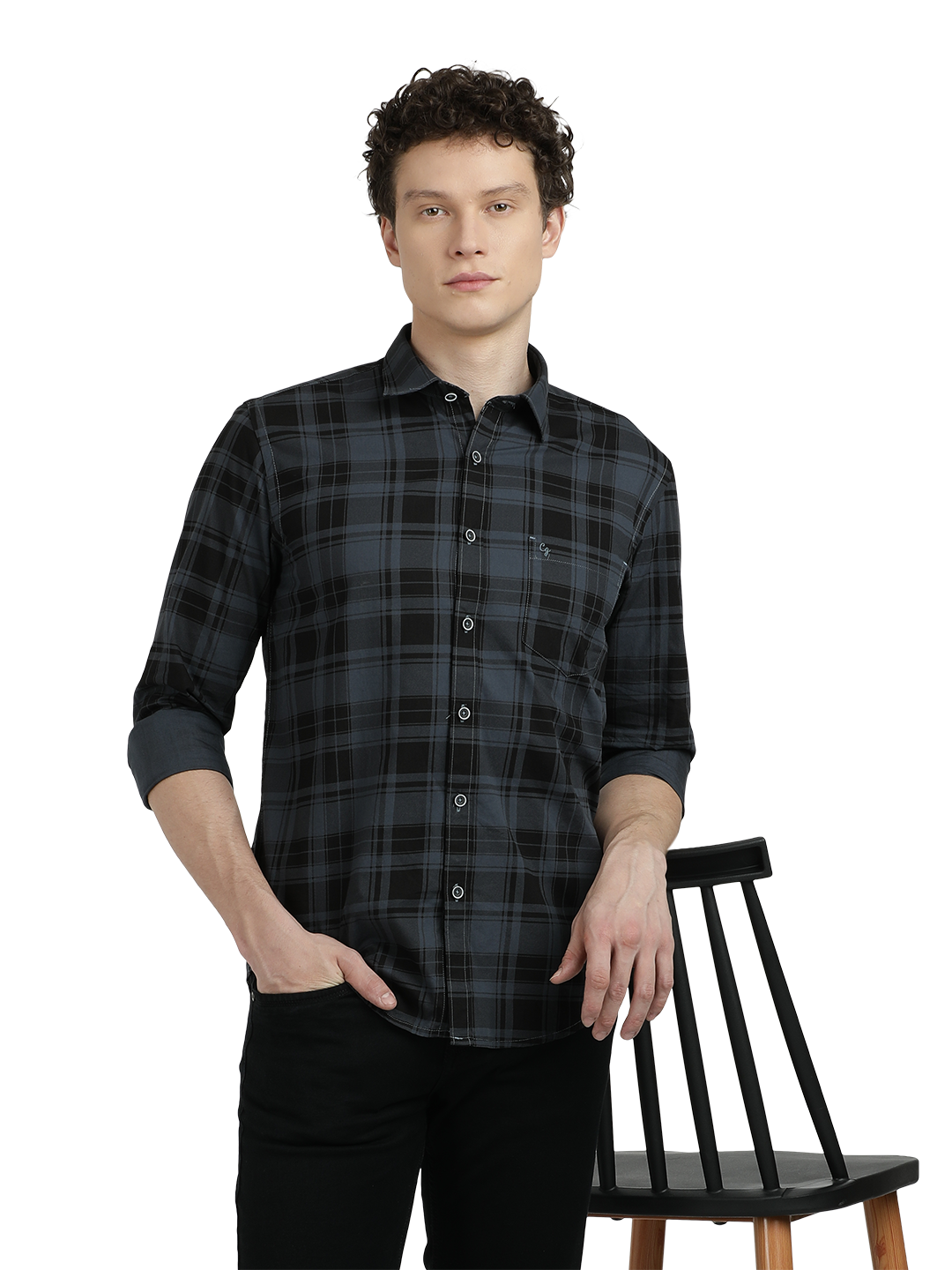 Model wearing Clarke Gable's Steel Grey Checked Semi Casual Shirt in a casual setting