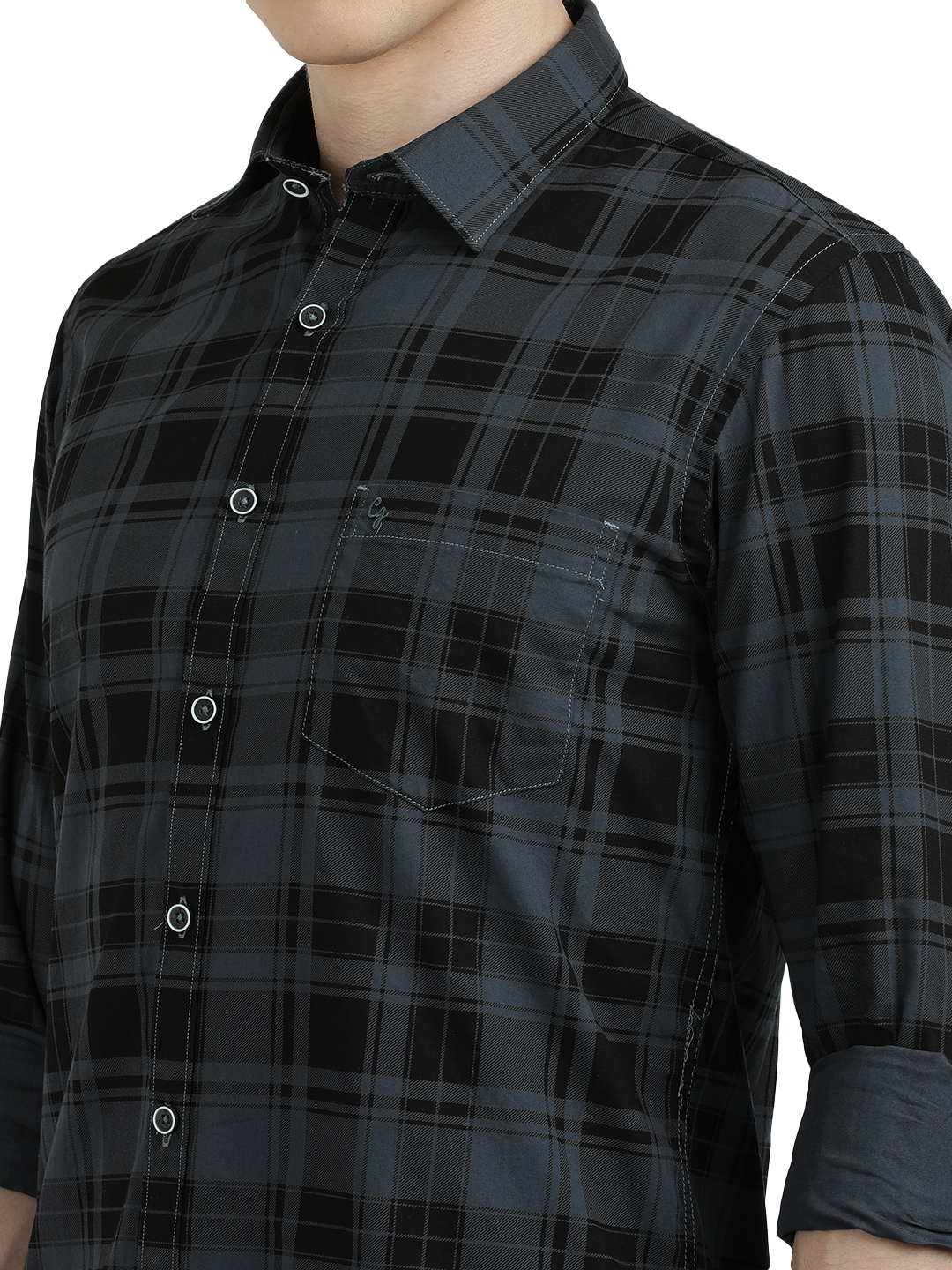 Model wearing Clarke Gable's Steel Grey Checked Semi Casual Shirt in a casual setting