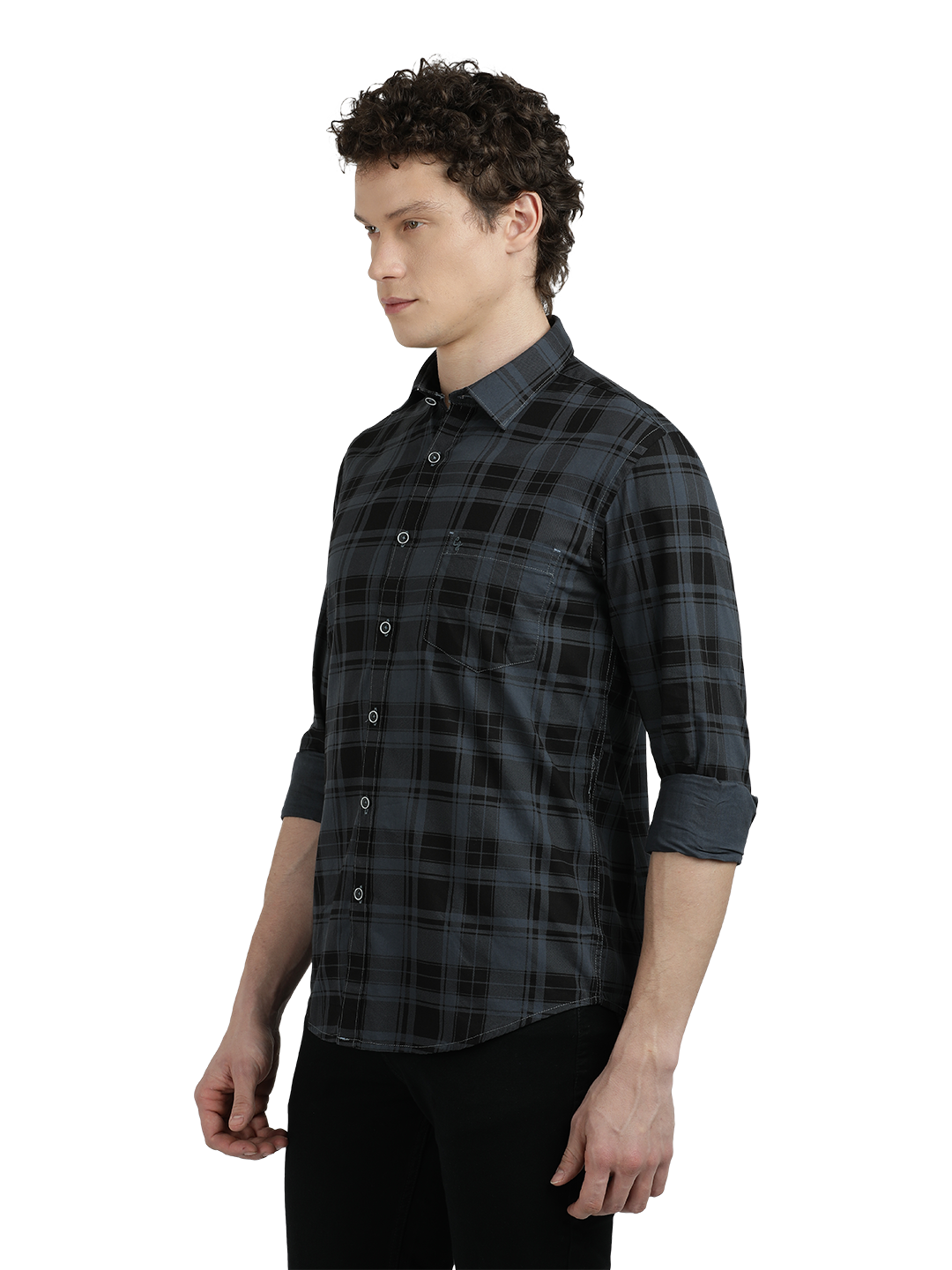 Model wearing Clarke Gable's Steel Grey Checked Semi Casual Shirt in a casual setting