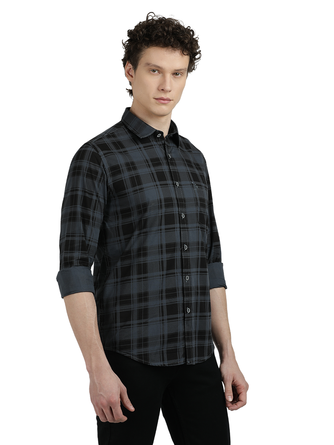 Model wearing Clarke Gable's Steel Grey Checked Semi Casual Shirt in a casual setting