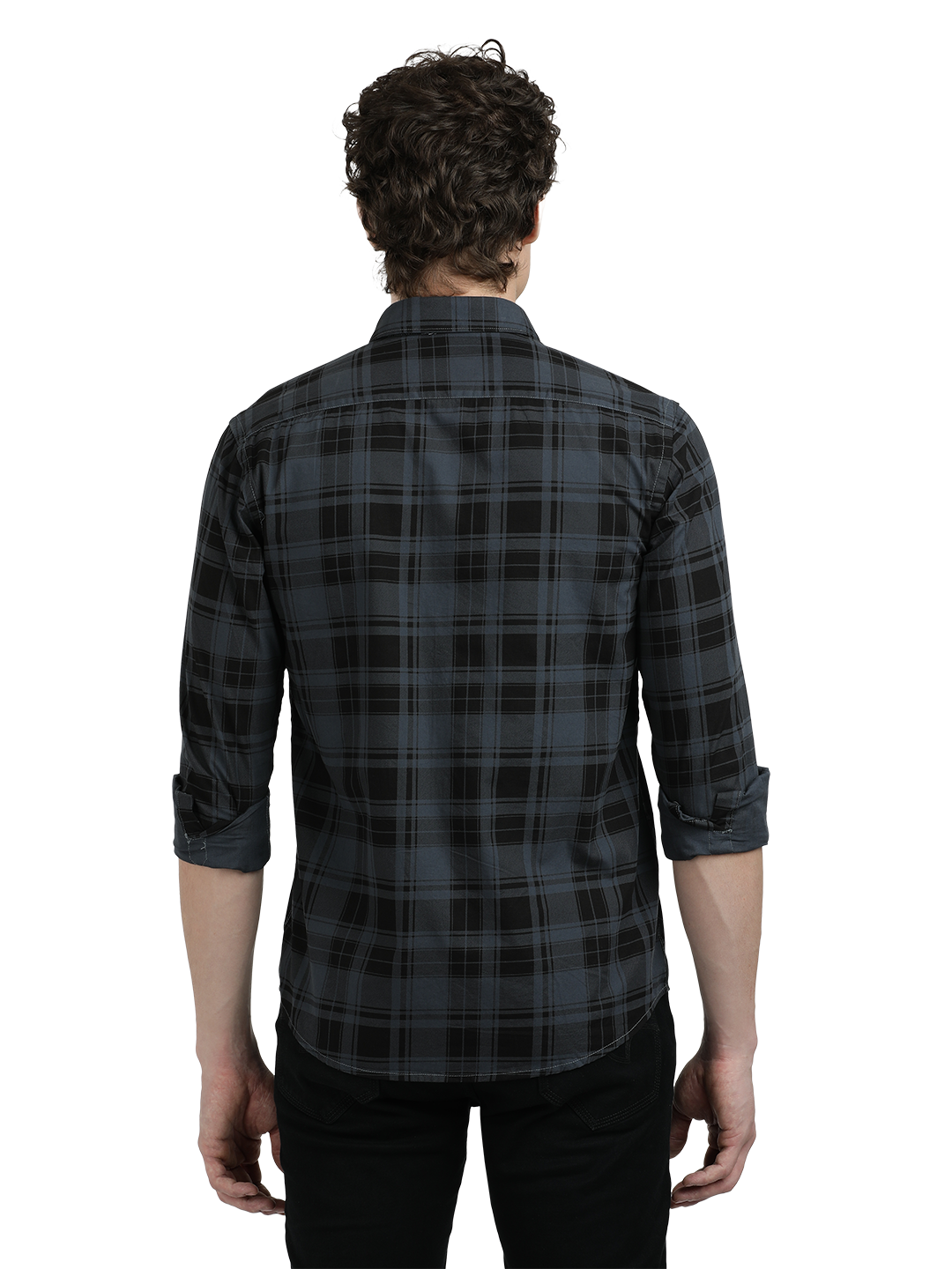 Model wearing Clarke Gable's Steel Grey Checked Semi Casual Shirt in a casual setting