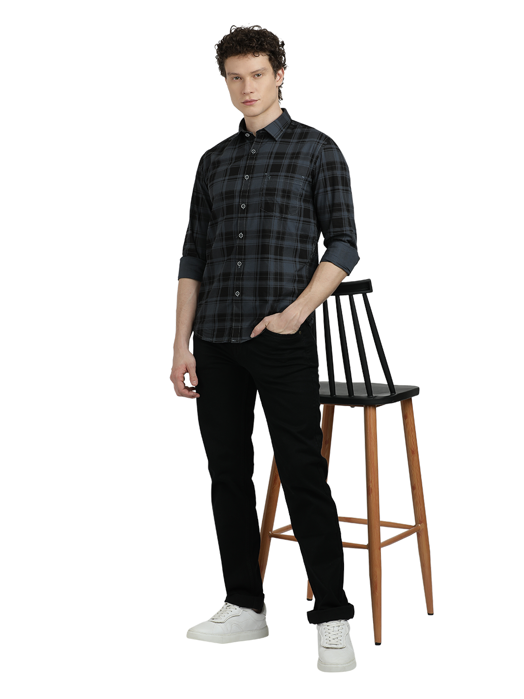 Model wearing Clarke Gable's Steel Grey Checked Semi Casual Shirt in a casual setting