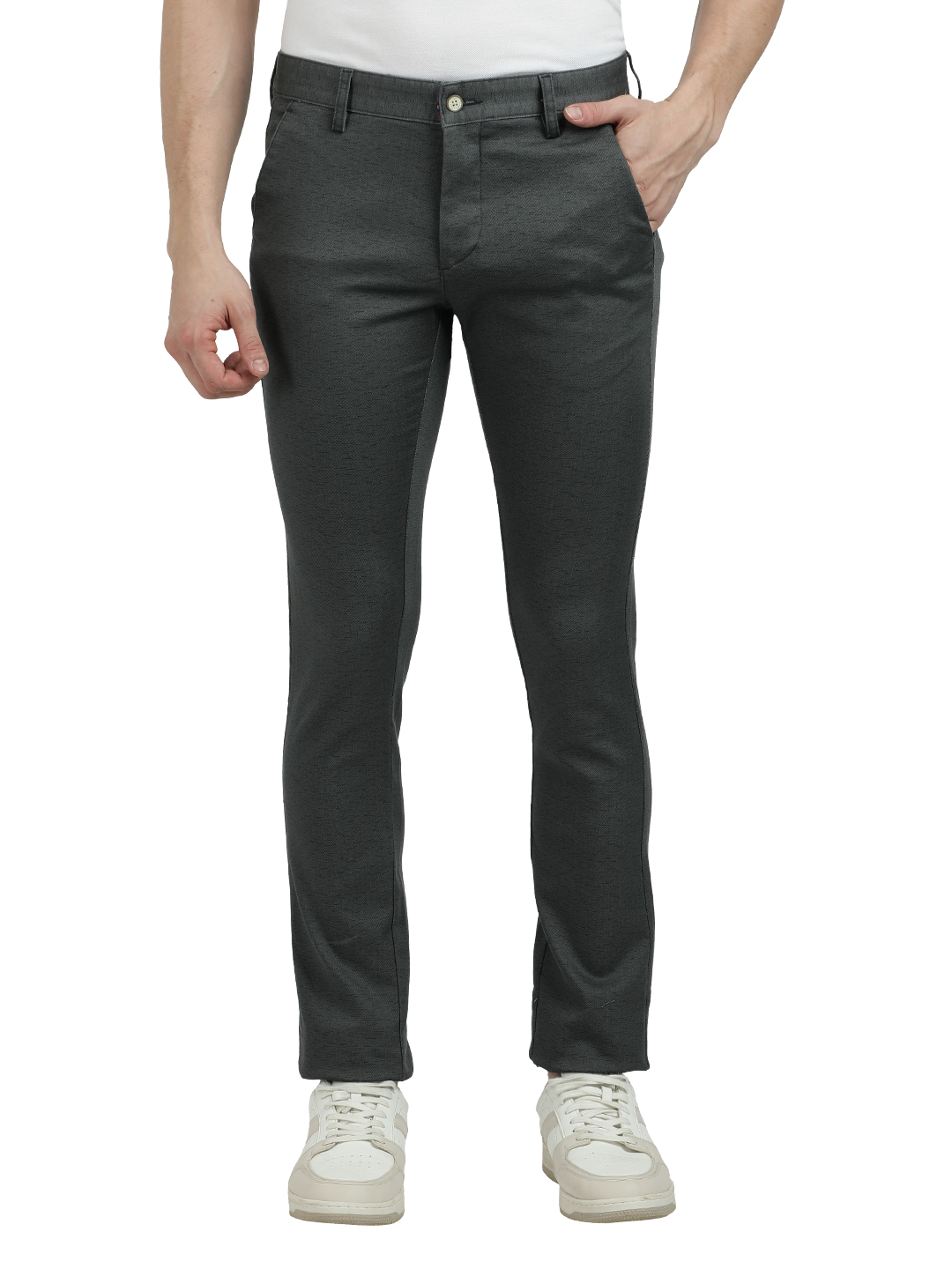Model wearing Clarke Gable's Steel Grey Trim Fit Trousers in a casual setting
