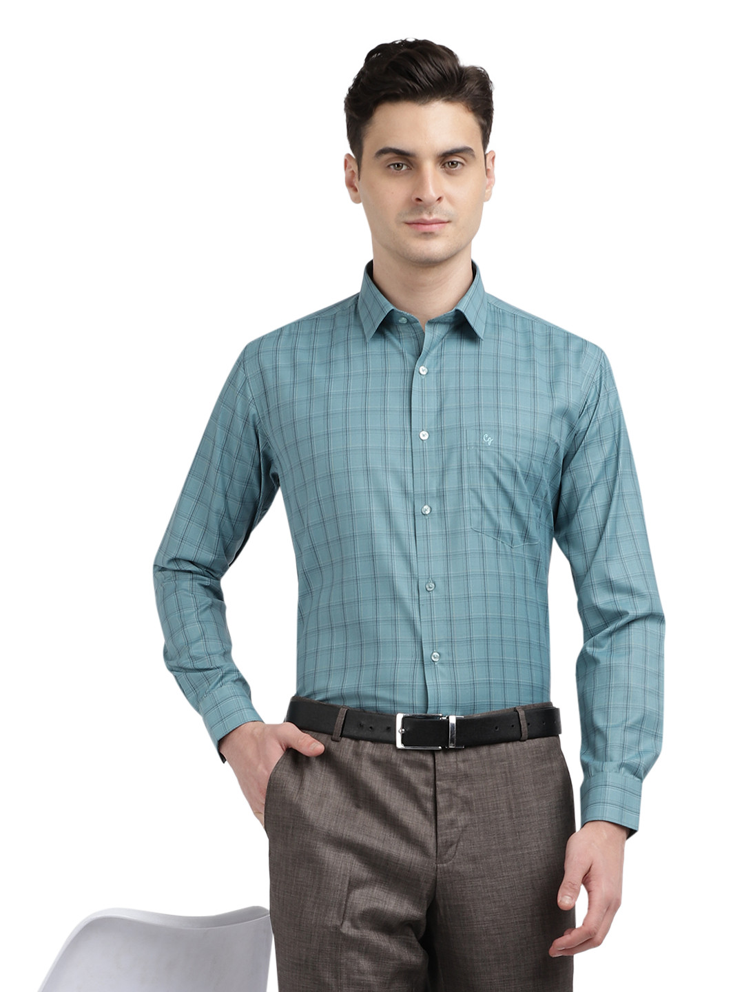 Model wearing Clarke Gable's Teal Blue Checked Formal Shirt in a casual setting