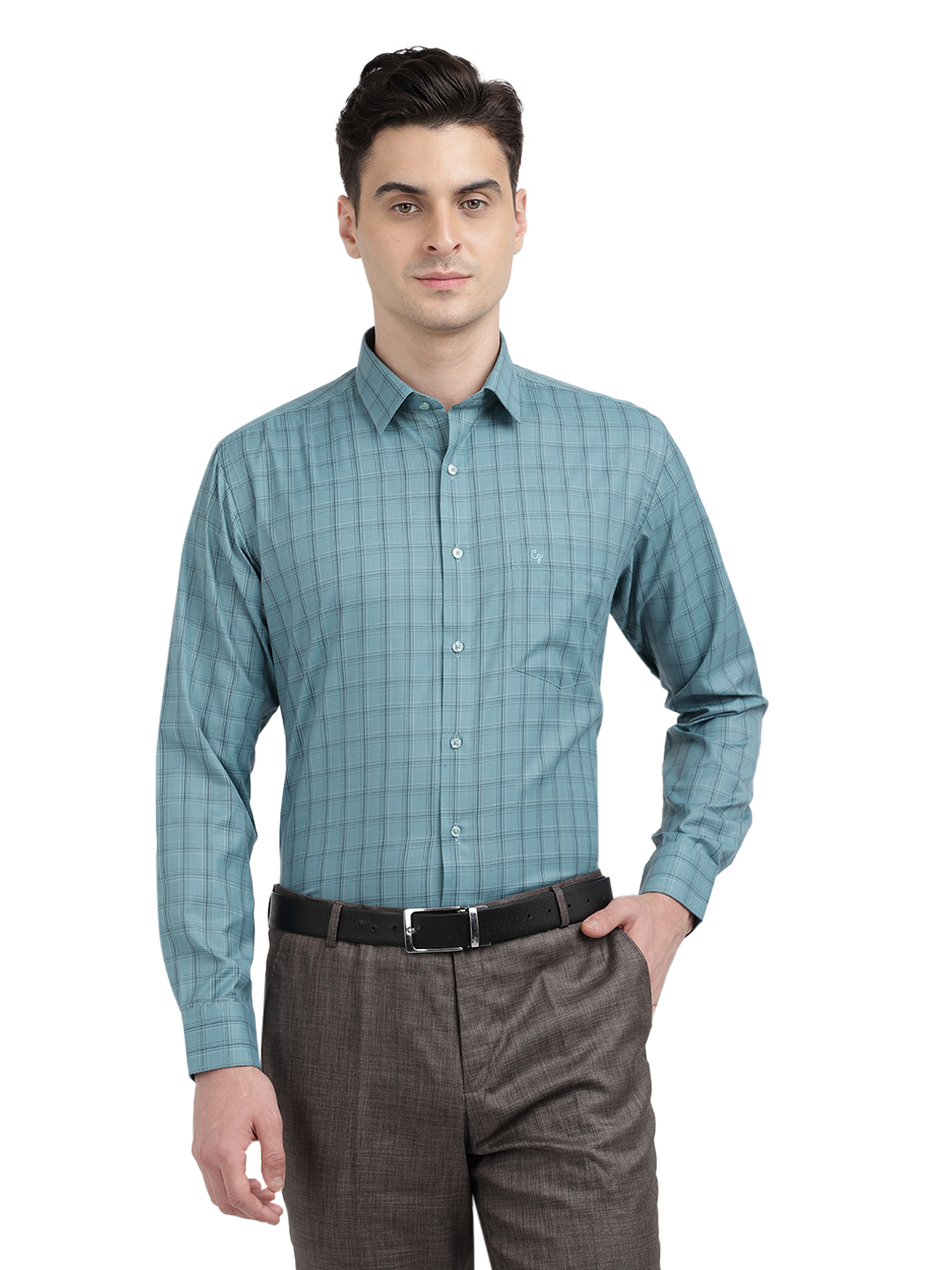 Model wearing Clarke Gable's Teal Blue Checked Formal Shirt in a casual setting