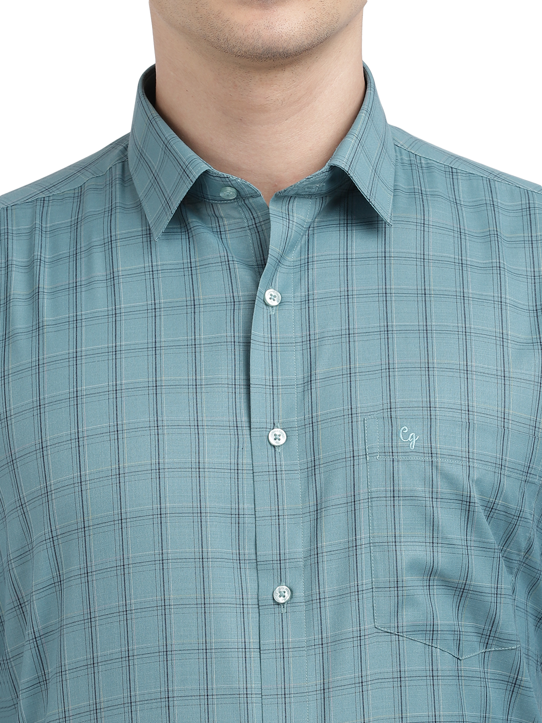 Model wearing Clarke Gable's Teal Blue Checked Formal Shirt in a casual setting