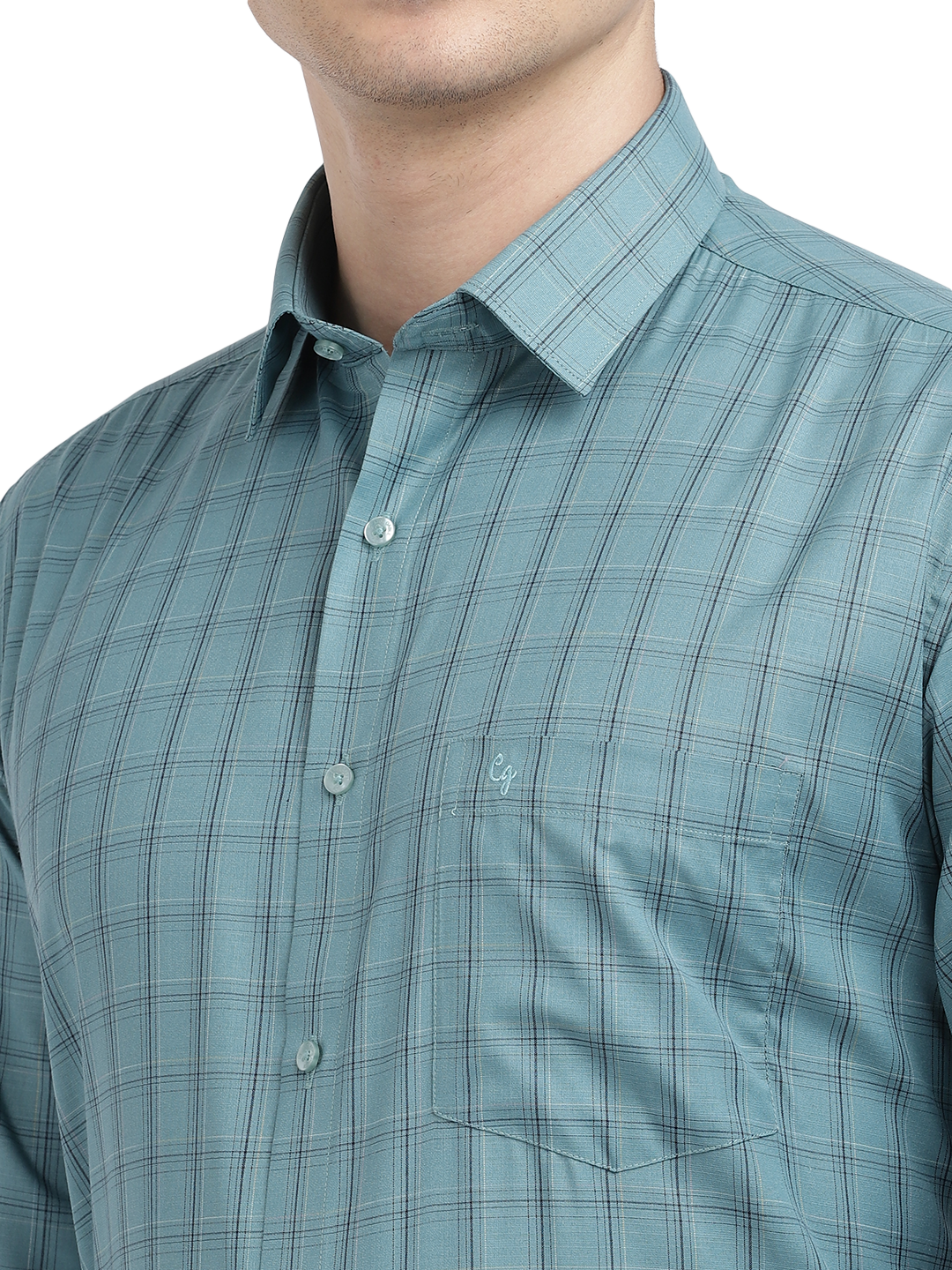 Model wearing Clarke Gable's Teal Blue Checked Formal Shirt in a casual setting