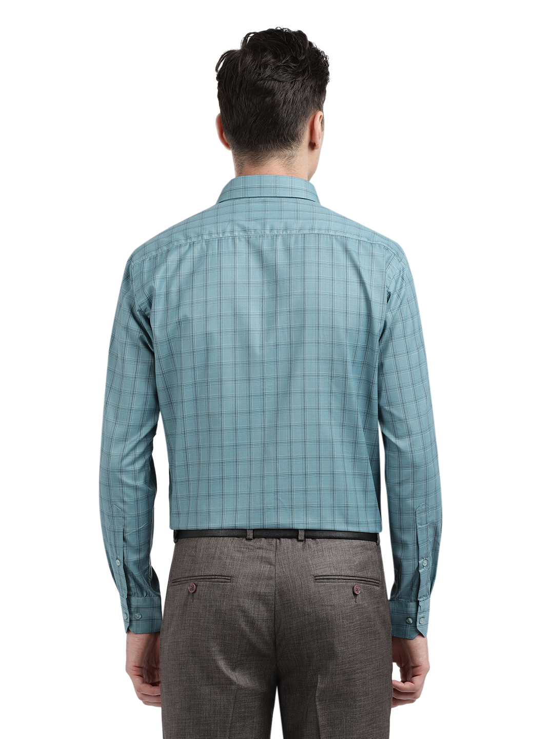 Model wearing Clarke Gable's Teal Blue Checked Formal Shirt in a casual setting
