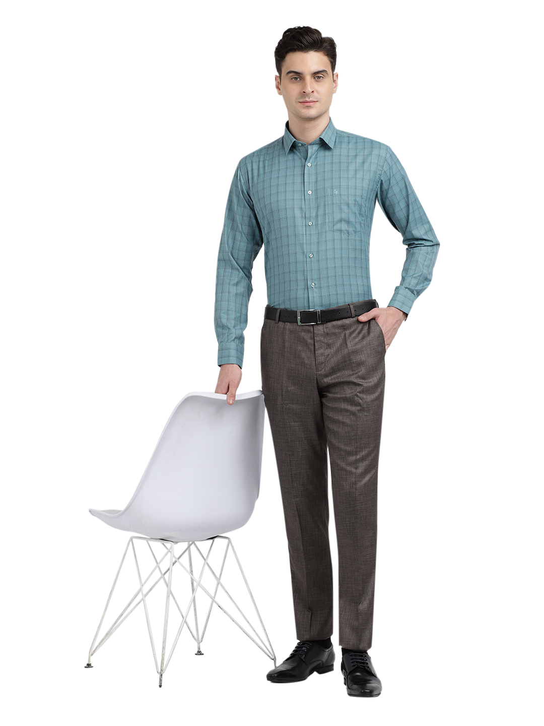 Model wearing Clarke Gable's Teal Blue Checked Formal Shirt in a casual setting