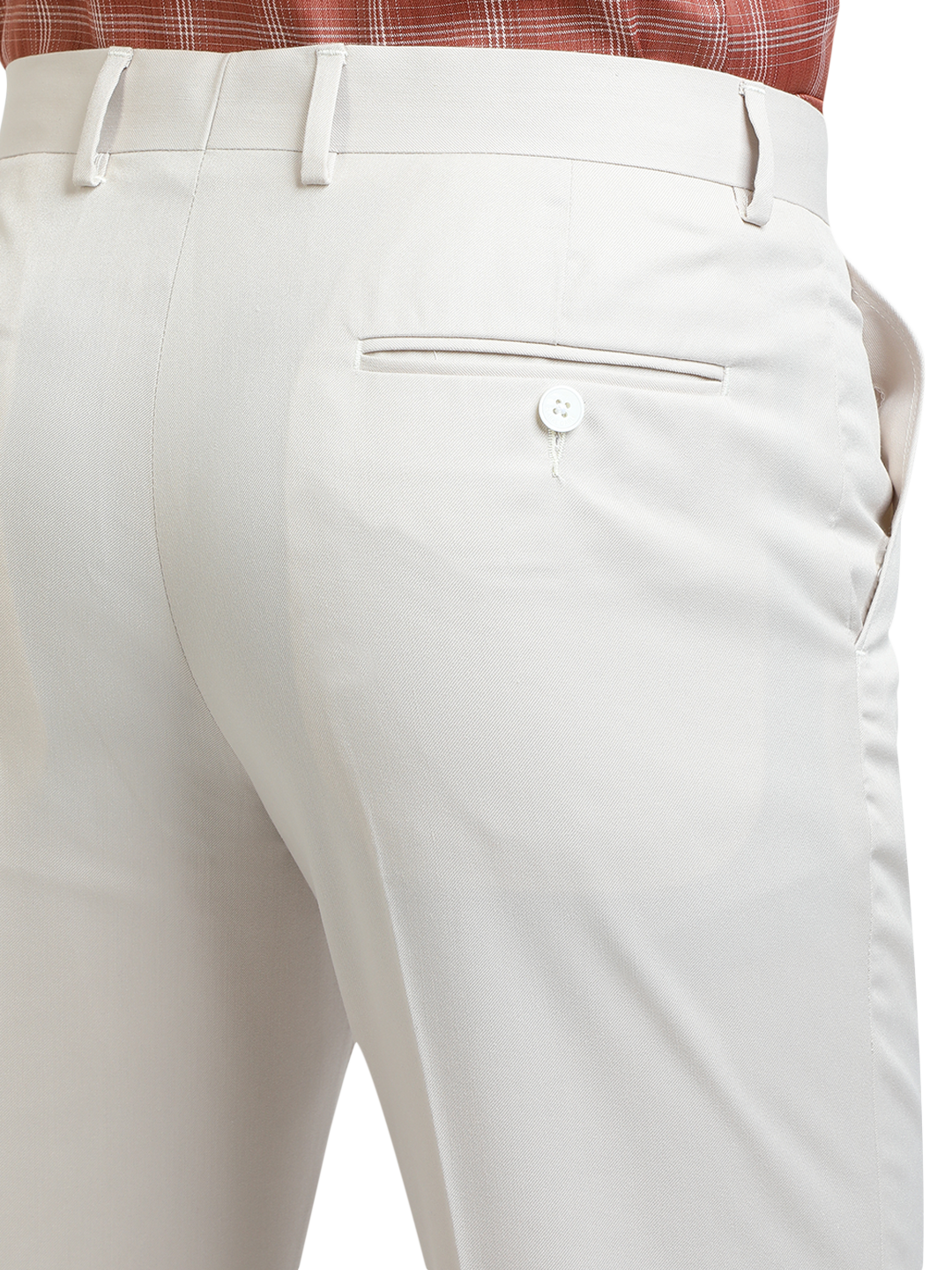 Model wearing Clarke Gable's White Sharp Fit Trousers in a casual setting