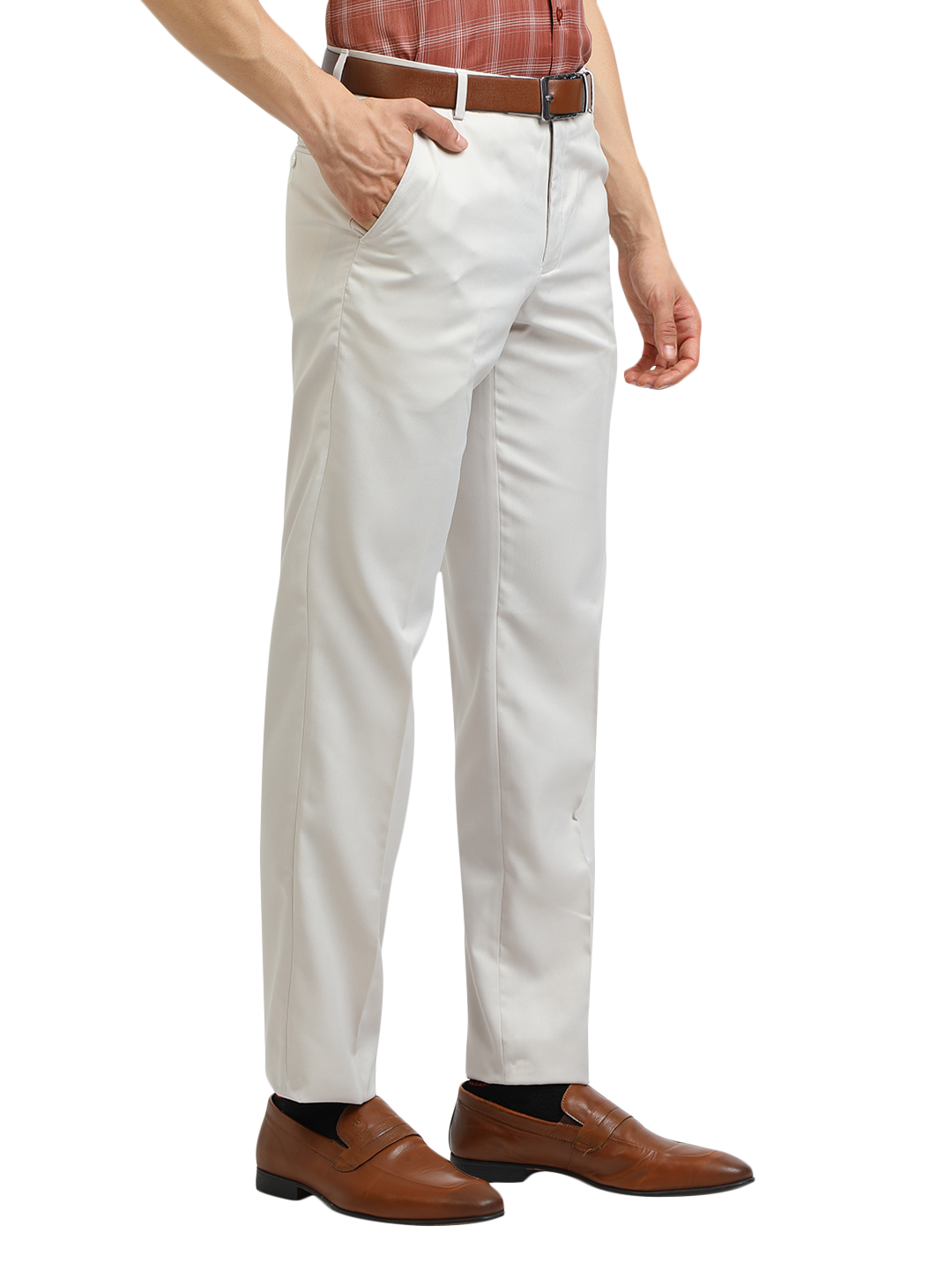 Model wearing Clarke Gable's White Sharp Fit Trousers in a casual setting