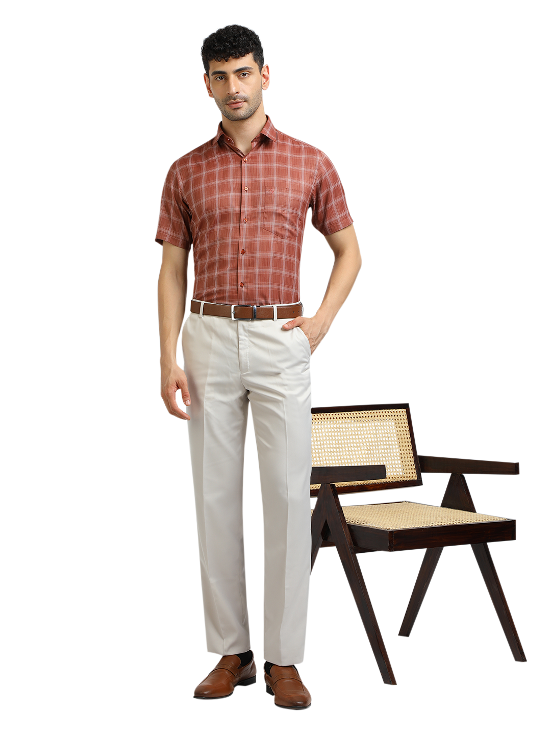 Model wearing Clarke Gable's White Sharp Fit Trousers in a casual setting