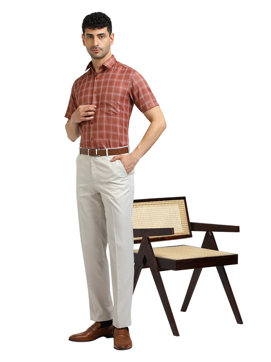 Model wearing Clarke Gable's White Sharp Fit Trousers in a casual setting