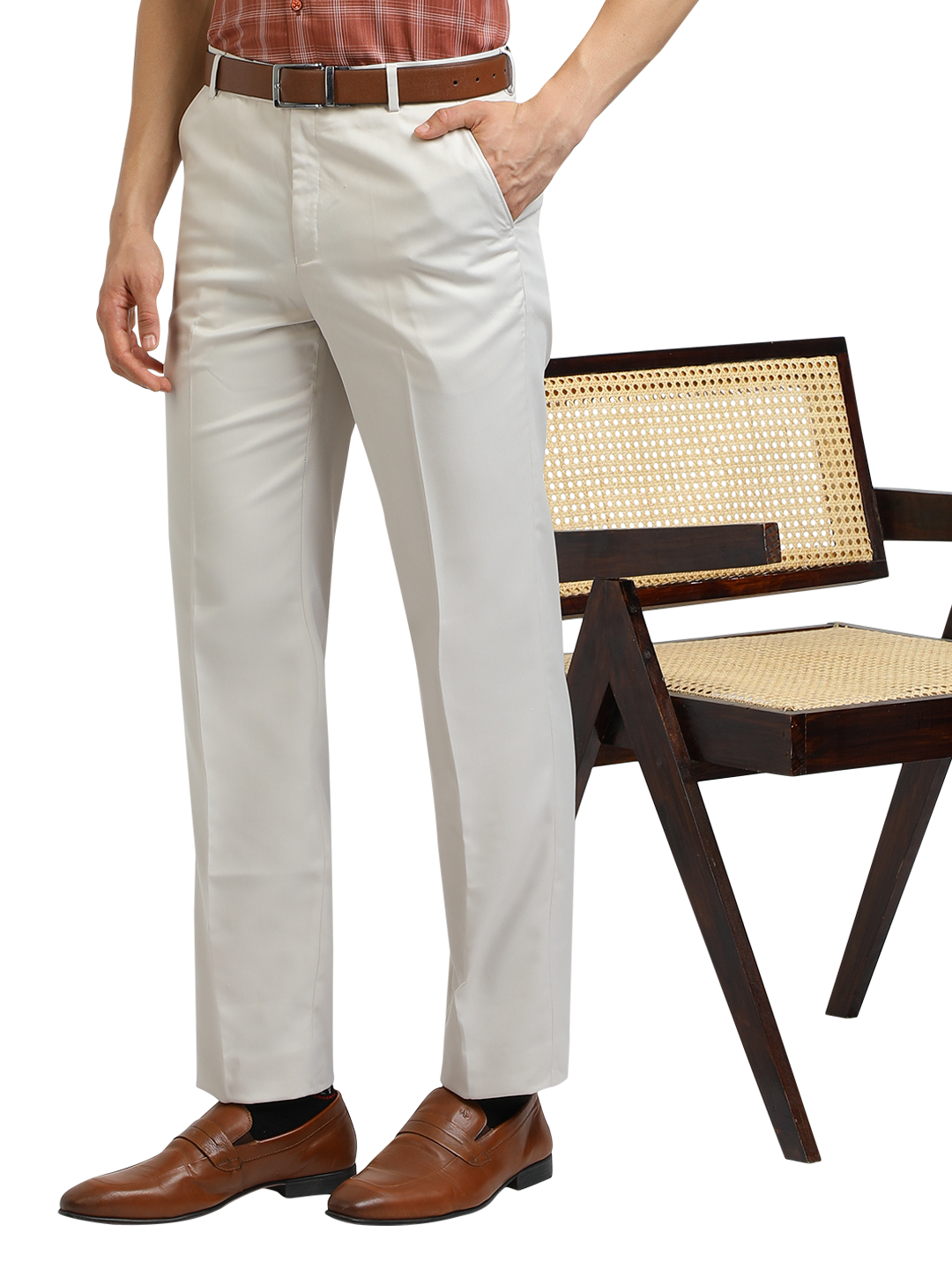 Model wearing Clarke Gable's White Sharp Fit Trousers in a casual setting