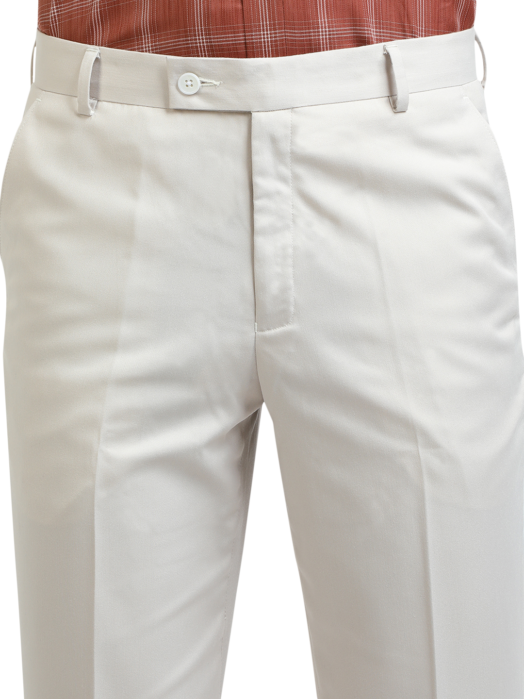 Model wearing Clarke Gable's White Sharp Fit Trousers in a casual setting