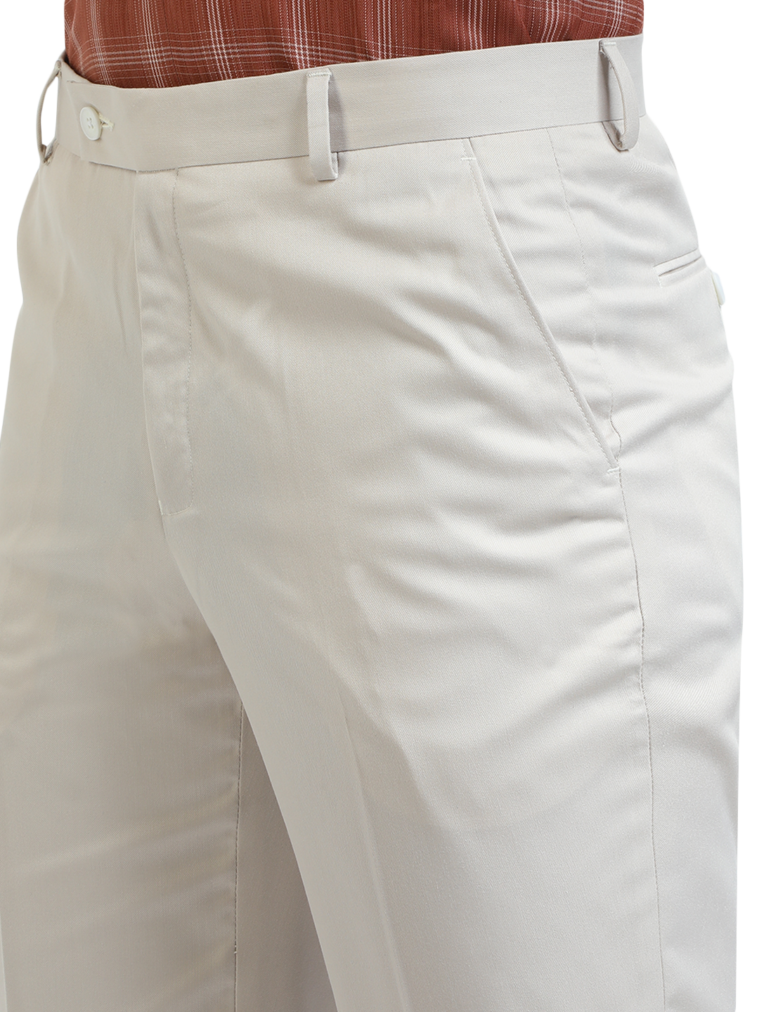 Model wearing Clarke Gable's White Sharp Fit Trousers in a casual setting