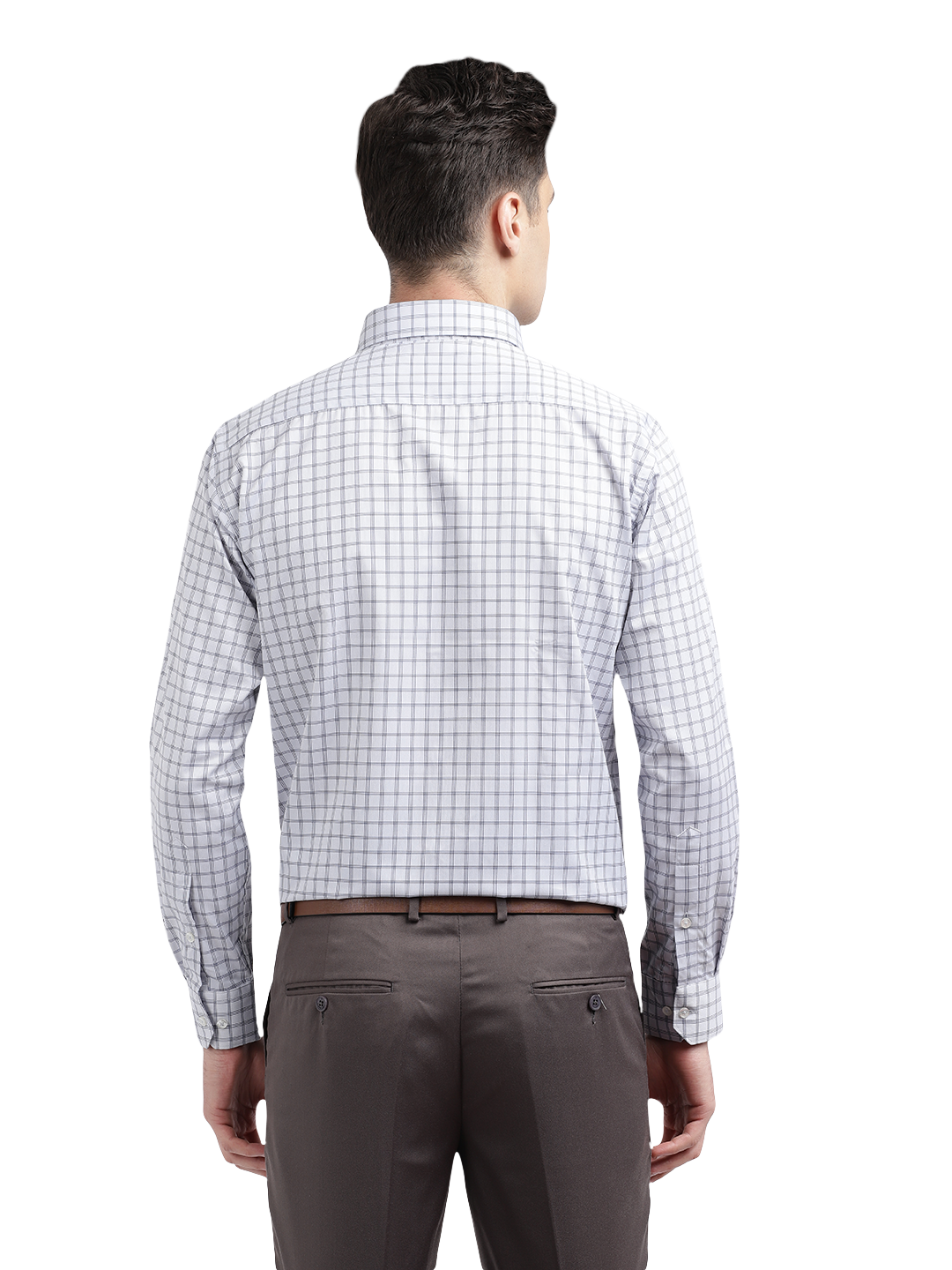 Model wearing Clarke Gable's White Checked Formal Shirt in a casual setting